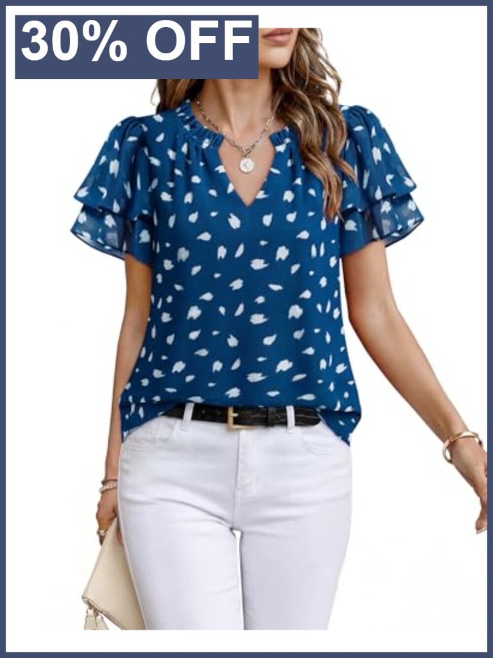 Womens Short Sleeve Chiffon Blouse V-Neck Ruffle Sleeve Business Work Top